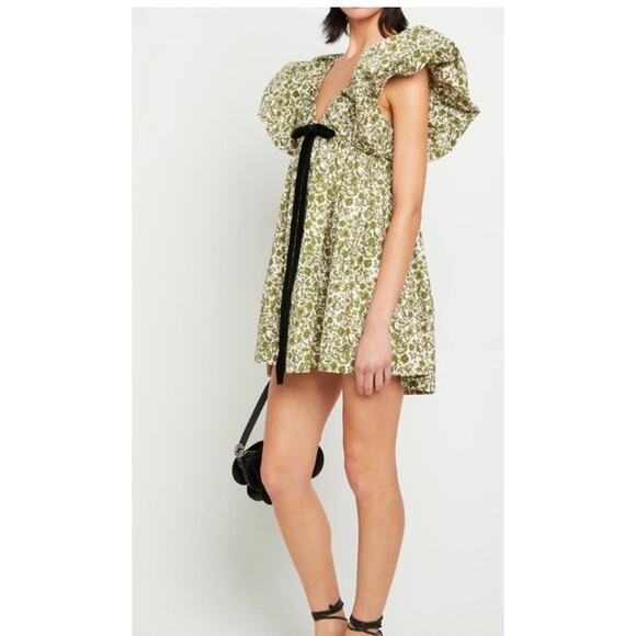 o.p.t Didi Dress Green Floral Puff Sleeve Mini Velvet Bow Size S (Zipper Issue) - Picture 2 of 15